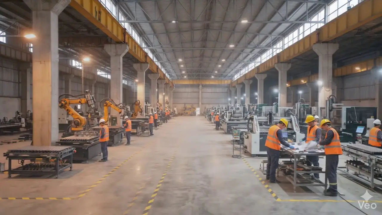 Factory floor with robotic arms and workers in high-visibility vests