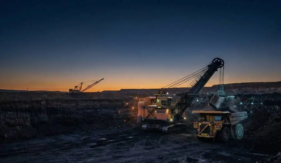 Electric mining shovel loading a haul truck in an open-cut mine at dusk