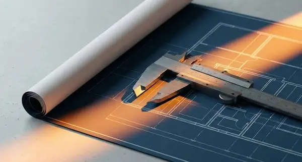 Steel vernier calipers resting on an engineering blueprint