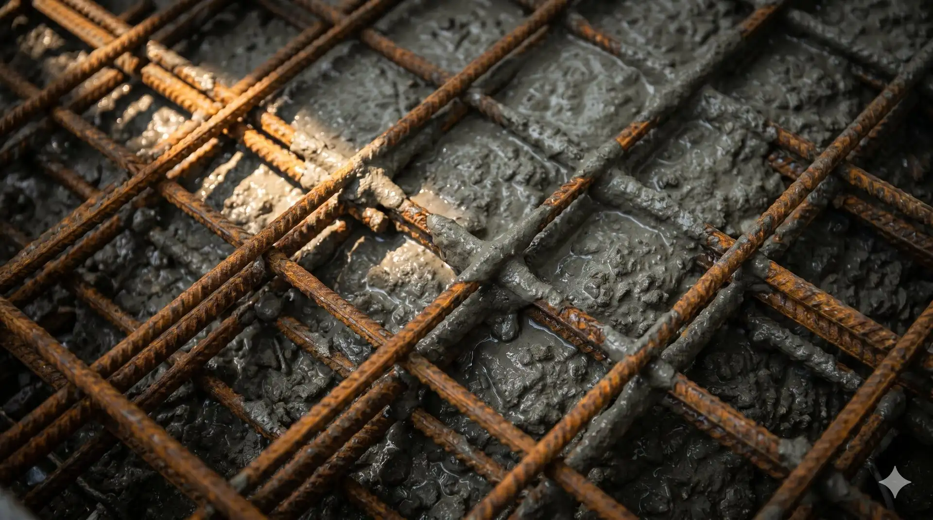 Rusted steel reinforcing mesh set in wet concrete